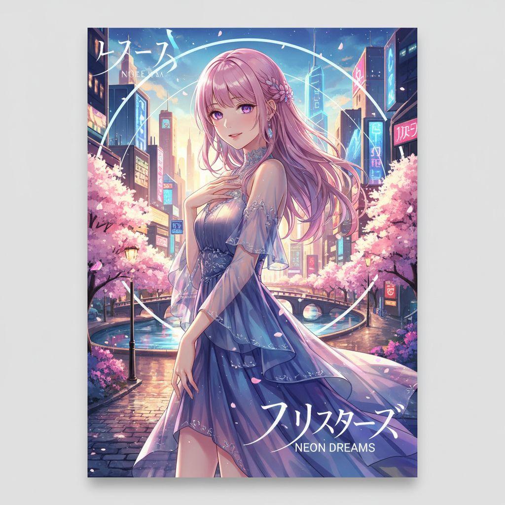 SFW anime babe in romantic city night scene