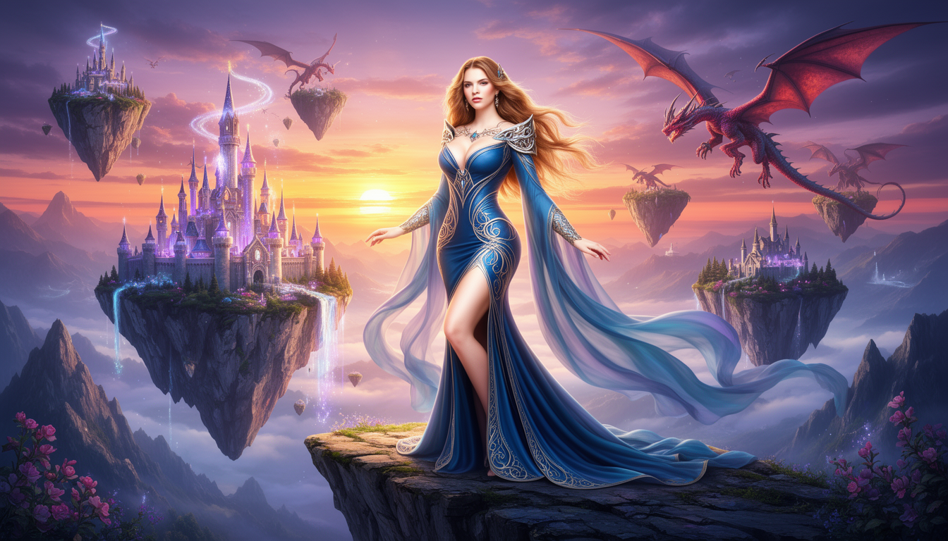 Gorgeous woman in flowing fantasy robes on cliff overlooking magical kingdom floating islands dragons sunset