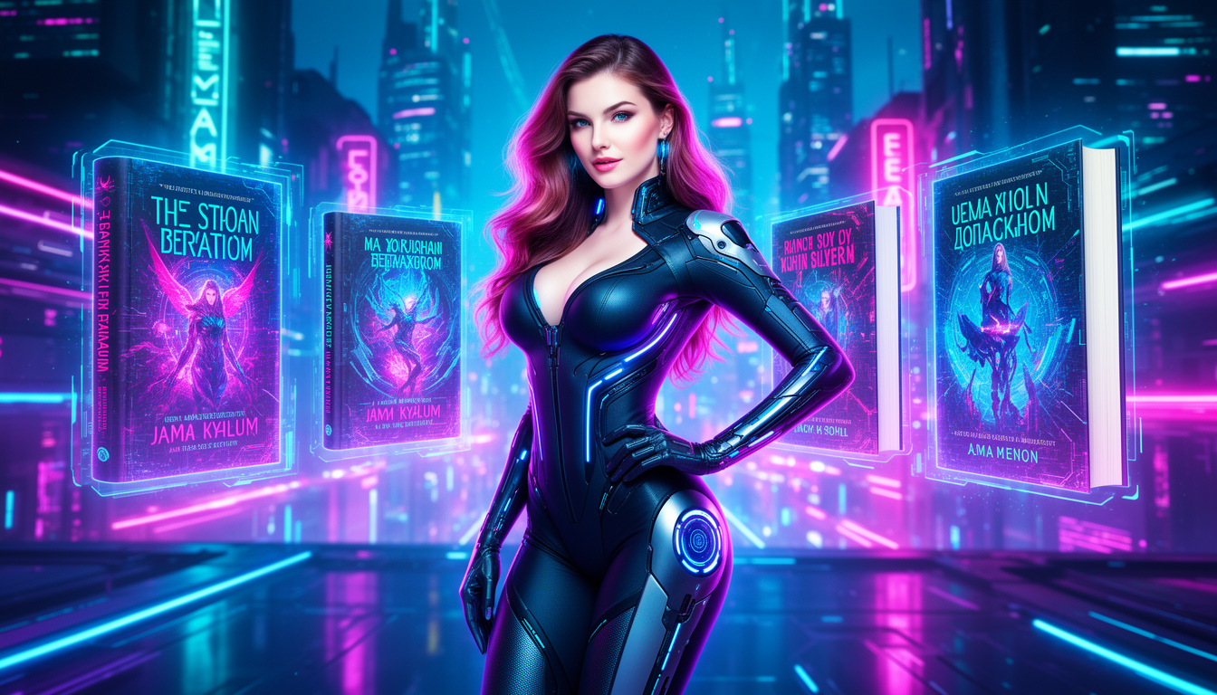 Stunning woman in sleek cyberpunk clothing before holographic book display neon city
